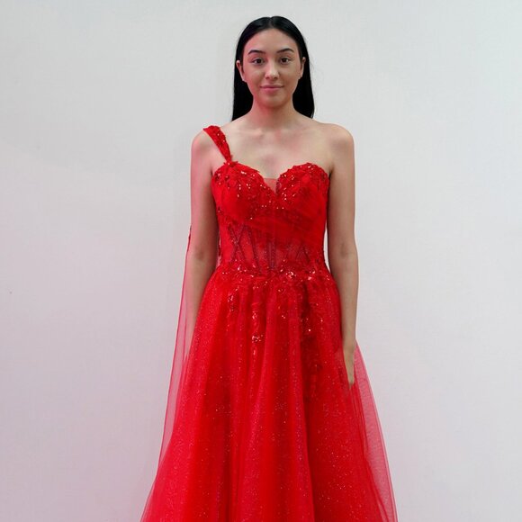 New Sleeveless Refined Maxi Ball Gown w/ One Shoulder Cape & Strap JT2615U - Picture 1 of 8